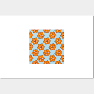 Chintzy orange floral repeat pattern in blue Posters and Art